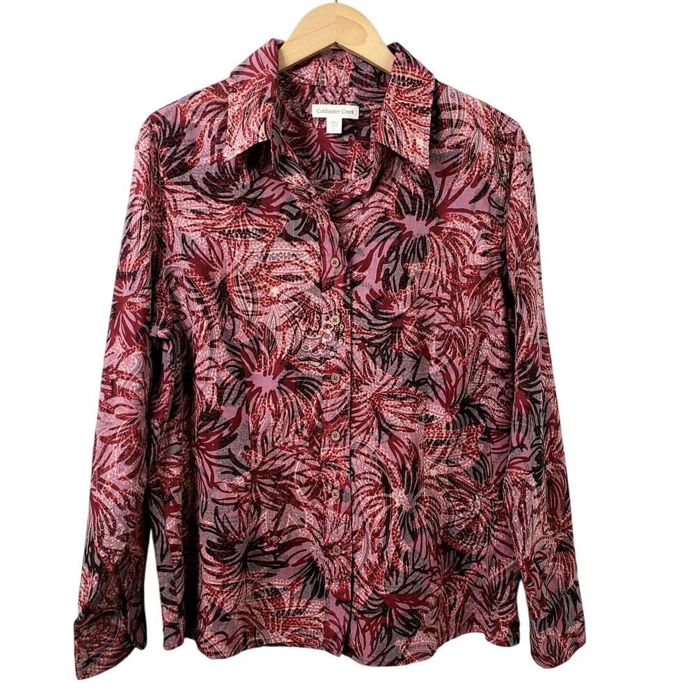 Coldwater Creek Women Red Abstract Sheer Burnout Shirt Blouse L Career Classic